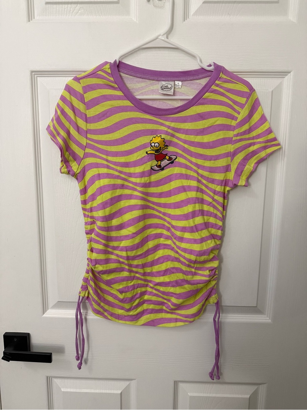 The Simpsons Girls Graphic Ruched Short Sleeve Lilac/Yellow Striped T-Shirt XL